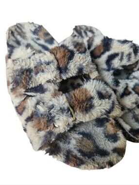 Fuzzy Leopard Print Hard Bottom Double Strap Comfort Slides/Slippers Women 11/12